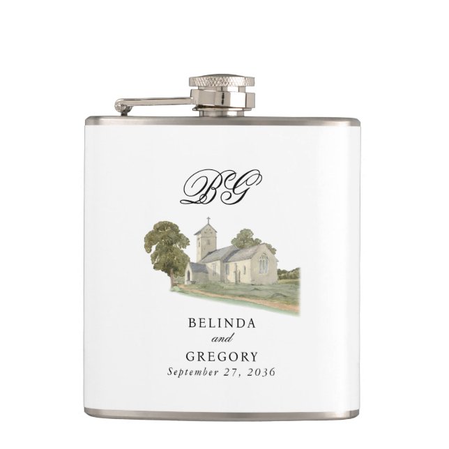 Watercolor Church Traditional Monogram Wedding Flask (Front)