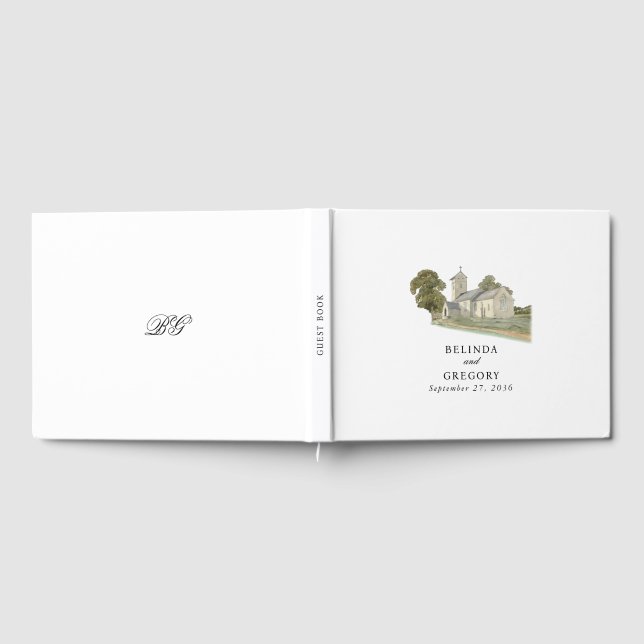 Watercolor Church Traditional Monogram Wedding Guest Book (Full)
