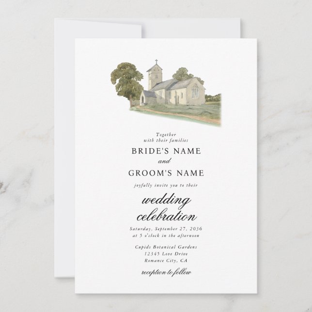 Watercolor Church Traditional Monogram Wedding Invitation (Front)