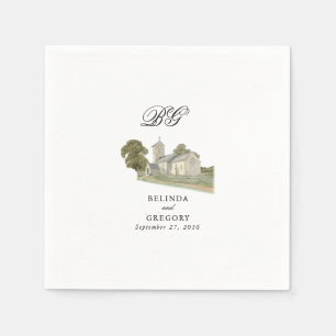 Watercolor Church Traditional Monogram Wedding Napkins