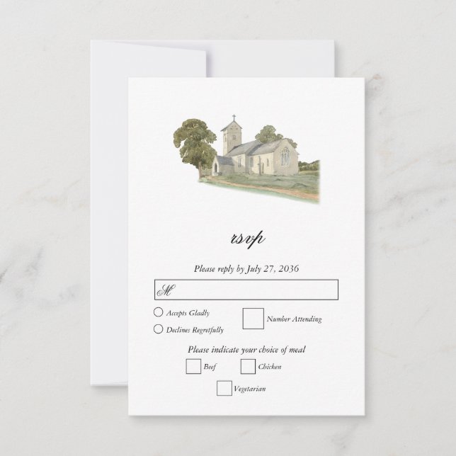 Watercolor Church Traditional Monogram Wedding RSVP Card (Front)