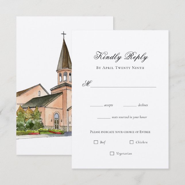 Watercolor Church wedding RSVP Card (Front/Back)