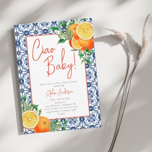 Watercolor Ciao Baby Orange Baby Shower Invitation