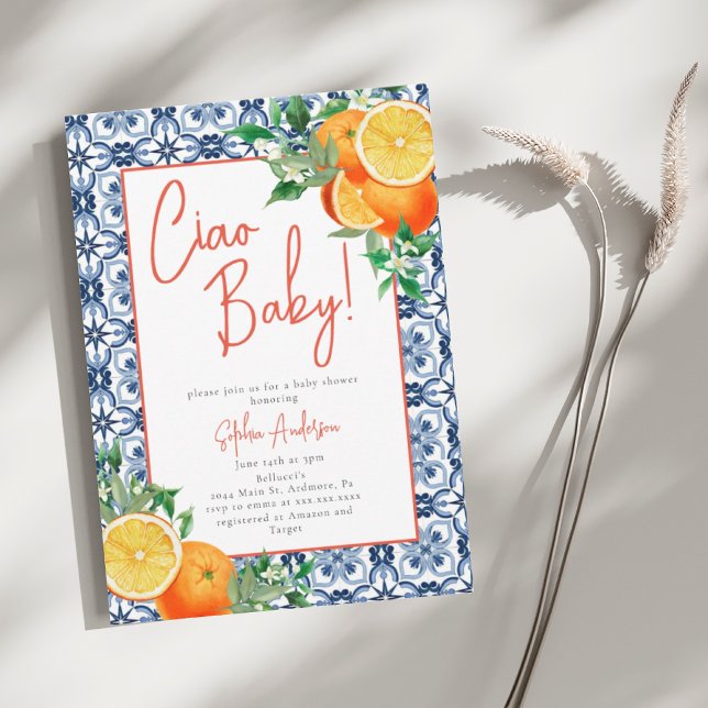 Watercolor Ciao, Baby! Orange Baby Shower Invitation (Creator Uploaded)