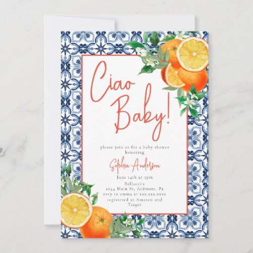 Watercolor Ciao Baby Orange Baby Shower Invitation