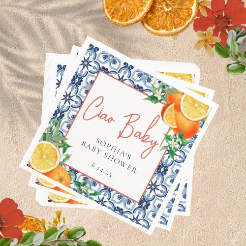 Watercolor Ciao Baby Orange Baby Shower Napkins