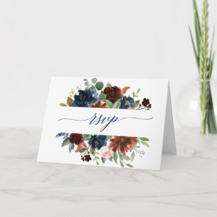 Watercolor Cinnamon Navy Blush Floral RSVP Card