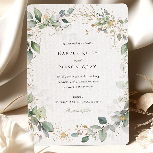 Watercolor Circle of Love Green Gold Foliage Invitation (Creator Uploaded)