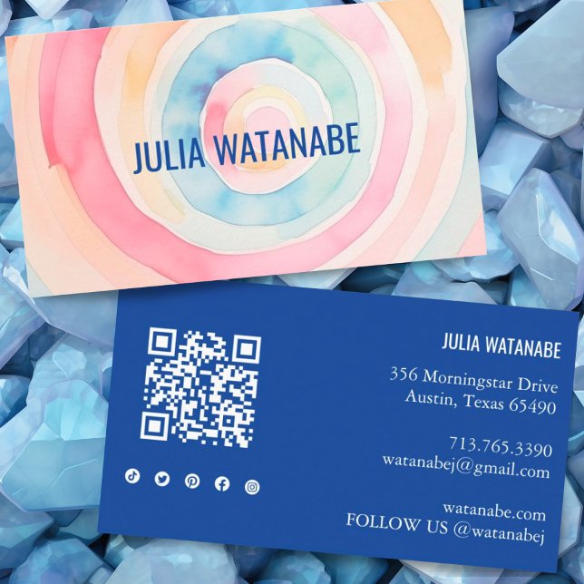 Watercolor Circles QR Code Social Media Modern Business Card (Pretty custom business card with watercolor rings. QR code and social icons on the back side)