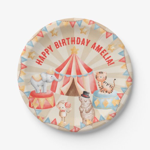 Watercolor Circus Animals Birthday Paper Plates