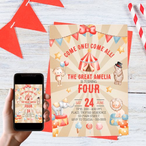 Watercolor Circus Animals Birthday Party  Invitation