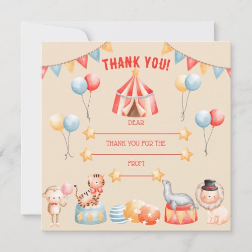 Watercolor Circus Animals Birthday Thank You Card