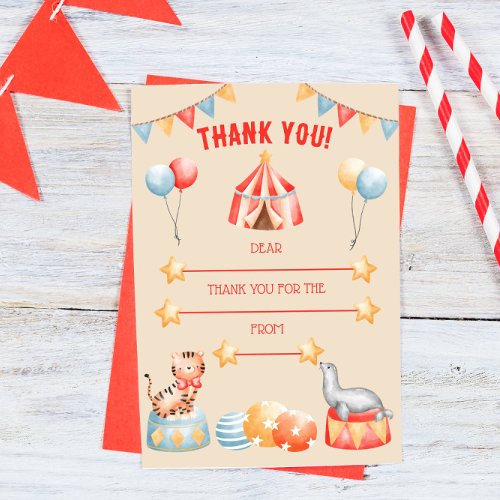 Watercolor Circus Animals Birthday Thank You Card