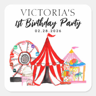Watercolor Circus Carnival Festival Show Birthday Square Sticker