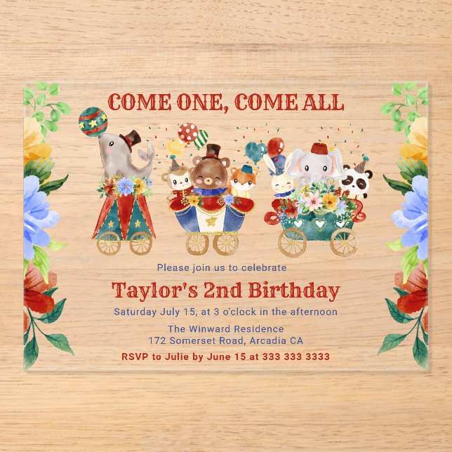 Watercolor Circus Carnival Train Kids Birthday Acrylic Invitations (Front)