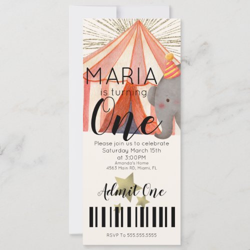 Watercolor Circus First Birthday Ticket Party B Invitation