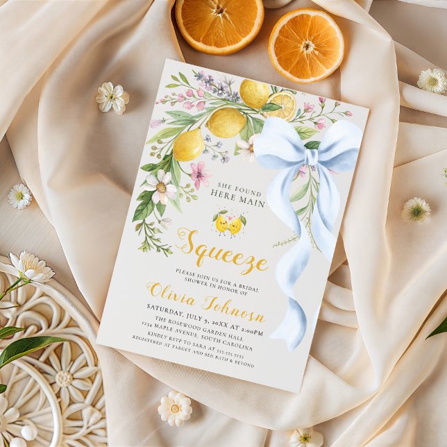 Watercolor Citrus Blue Bow Summer Bridal Shower  Invitation (Creator Uploaded)