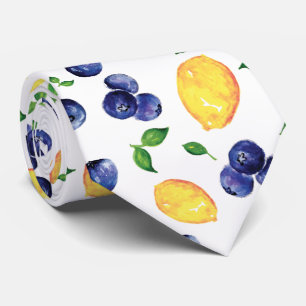 Watercolor Citrus Blueberry Lemon Fruit Neck Tie