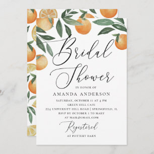 Watercolor Citrus Bridal Shower   Orange Script Invitation