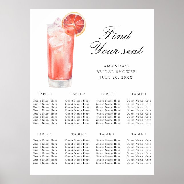 Watercolor Citrus Cocktail Wedding seating chart (Front)