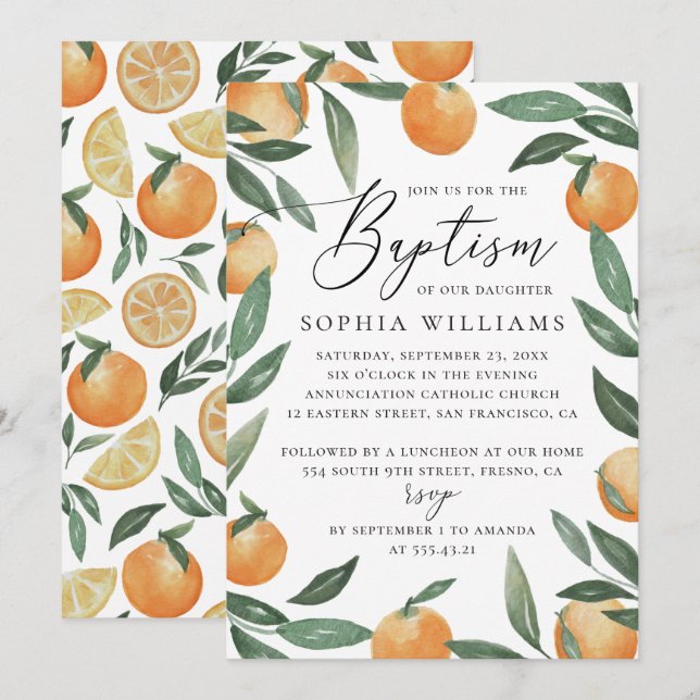 Watercolor citrus floral garden script baptism invitation (Front/Back)