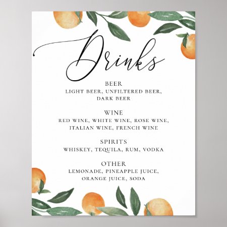 Watercolor Citrus Floral Garden Wedding Drinks Bar Poster