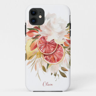 Watercolor Citrus Floral with Your Name iPhone 11 Case