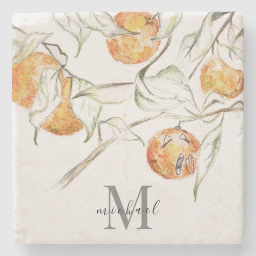 Watercolor Citrus Fruit Clementine Cutie Monogram Stone Coaster