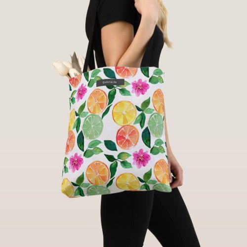 Watercolor Citrus Fruit Floral Pattern Tote Bag