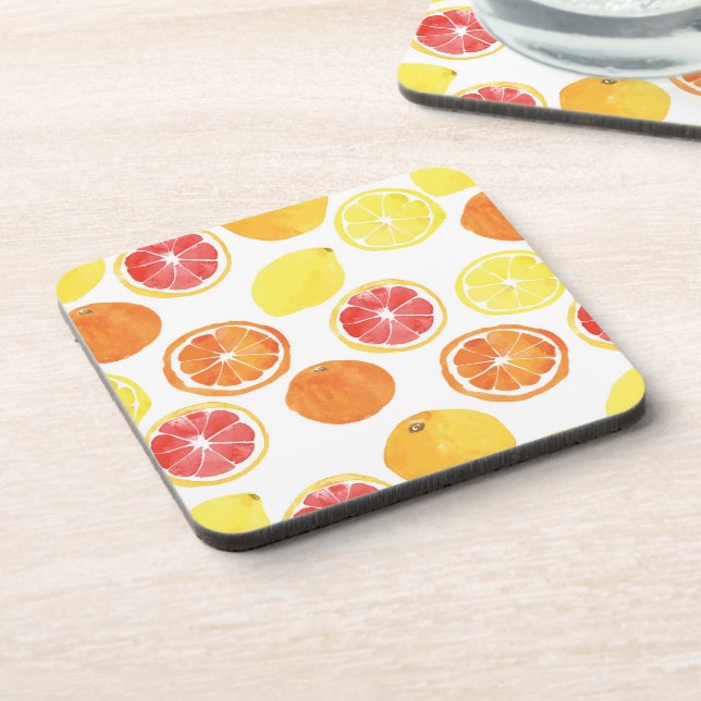 Watercolor Citrus Fruit Pattern Beverage Coaster (Left Side)