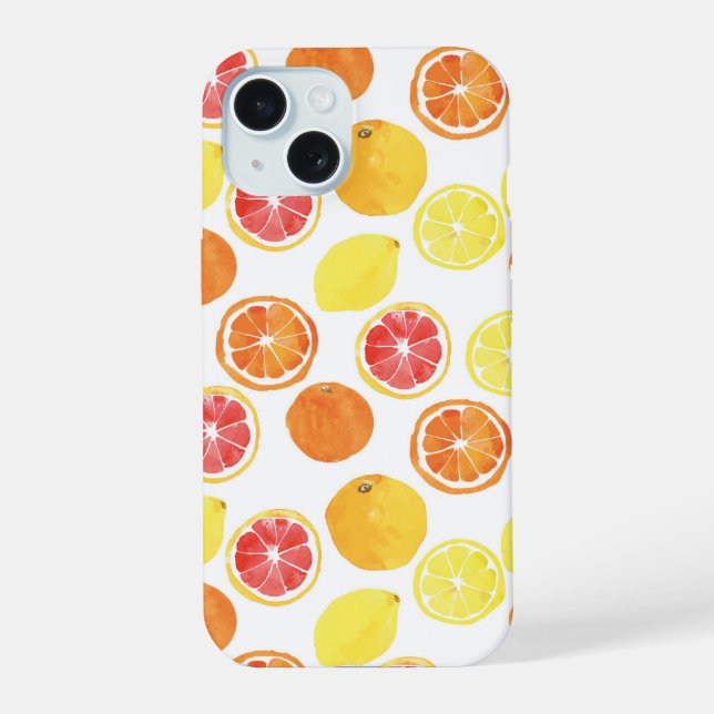 Watercolor Citrus Fruit Pattern iPhone 15 Case (Back)