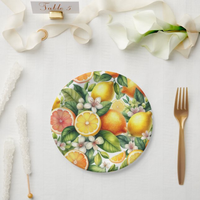 Watercolor Citrus Fruit Pattern Paper Plates (Wedding)