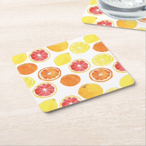 Watercolor Citrus Fruit Pattern Square Paper Coaster