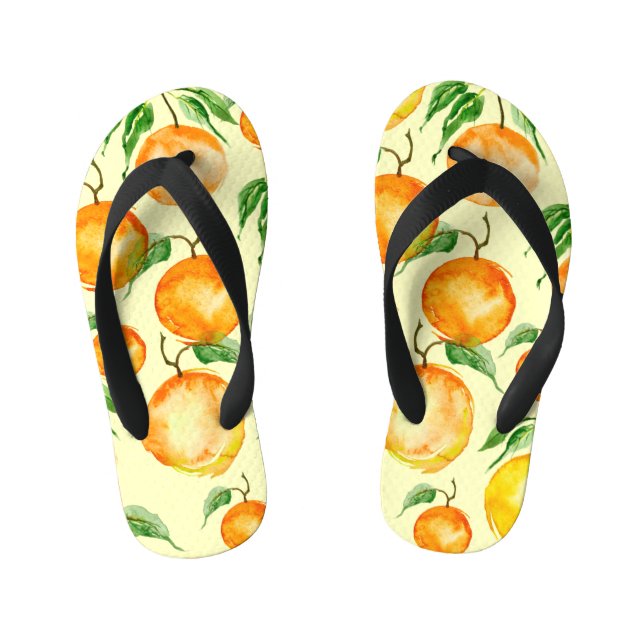 Watercolor citrus fruits, tropical pattern. kid's flip flops (Footbed)