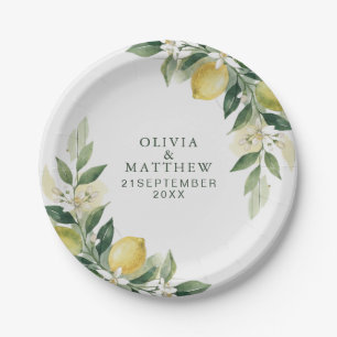 Watercolor Citrus Green Lemon Botanical Wedding Paper Plates