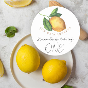 Watercolor citrus lemon 1st birthday party classic round sticker