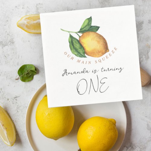 Watercolor citrus lemon 1st birthday party napkins