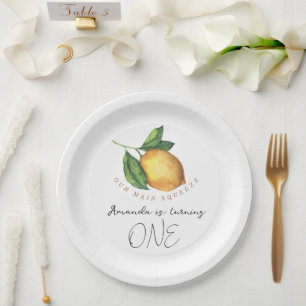 Watercolor citrus lemon 1st birthday party paper plates