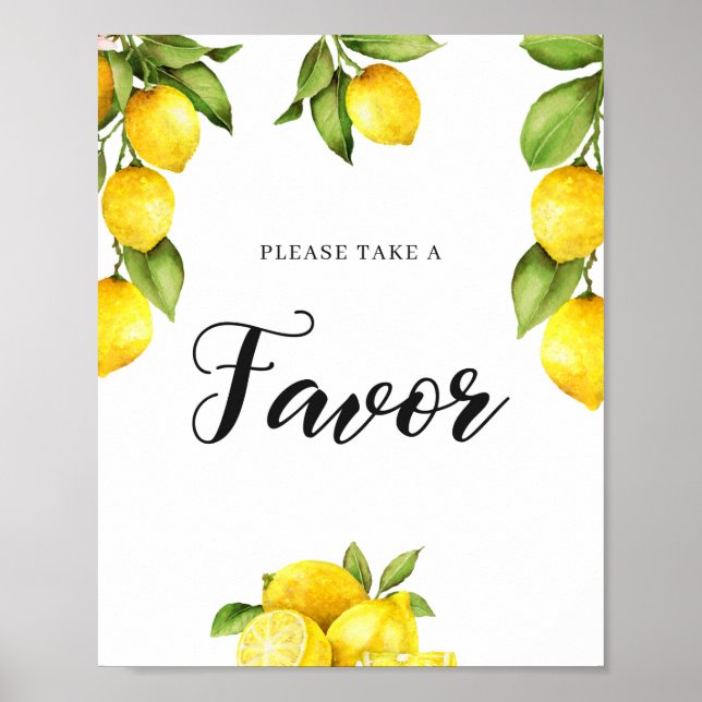 Watercolor Citrus Lemon Baby Shower Favors Sign (Front)