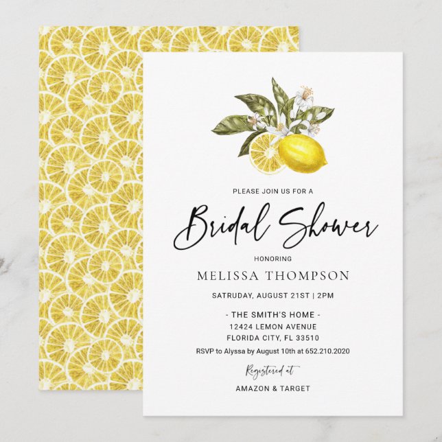 Watercolor Citrus Lemon Bridal Shower Invitation (Front/Back)