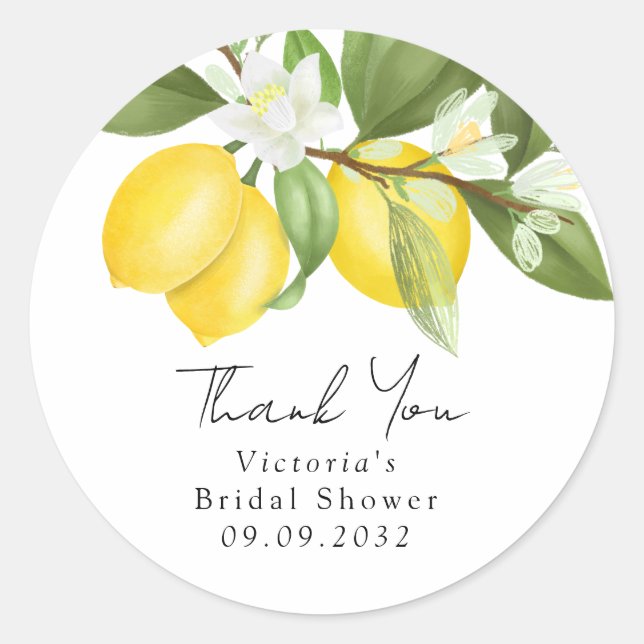 Watercolor Citrus Lemons Bridal Shower Favor Classic Round Sticker (Front)