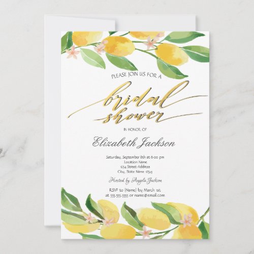 Watercolor Citrus Lemons  Bridal Shower  Invitation