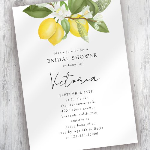 Watercolor Citrus Lemons Bridal Shower Invitation