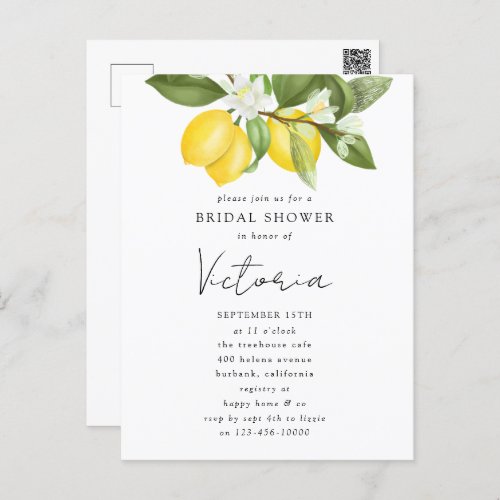 Watercolor Citrus Lemons Bridal Shower Invitation Postcard