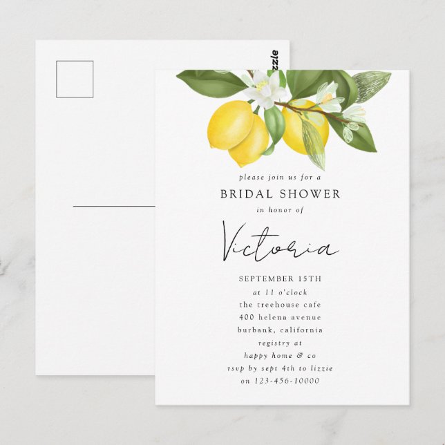 Watercolor Citrus Lemons Bridal Shower Invitation Postcard (Front/Back)