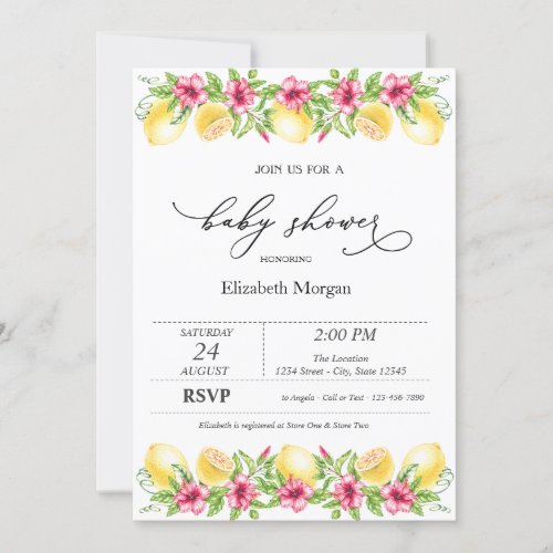 Watercolor Citrus Lemons Hibiscus Baby Shower  Invitation