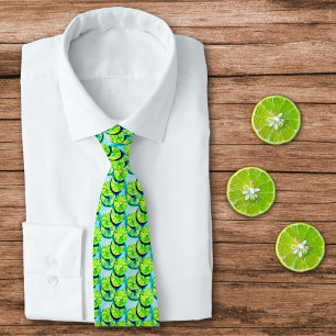 Watercolor Citrus Lime Slices on Blue Background Neck Tie