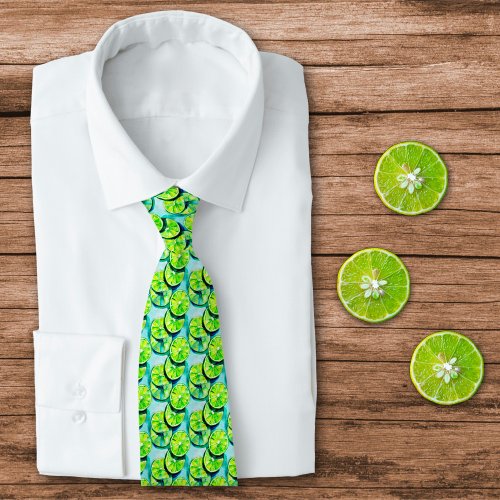 Watercolor Citrus Lime Slices on Blue Background  Neck Tie