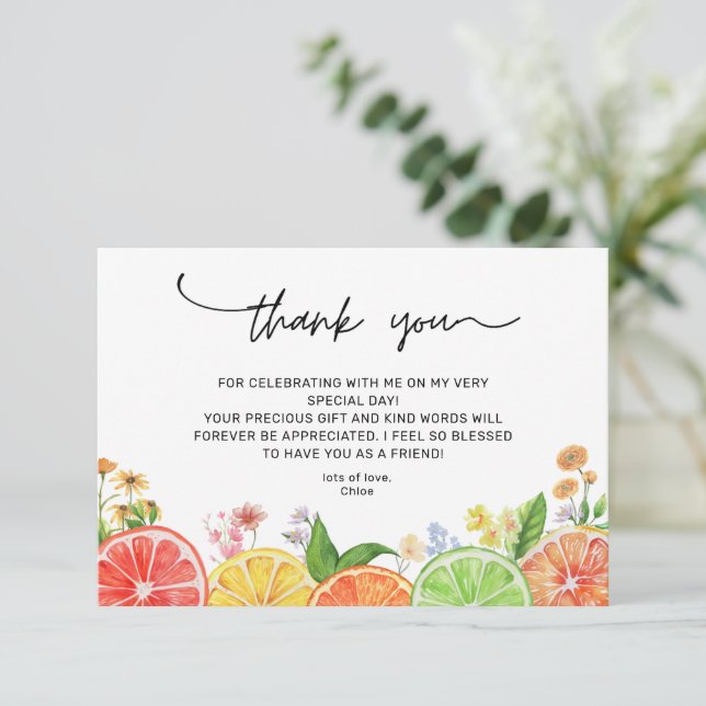 Watercolor Citrus Little Cutie Baby Shower  Thank You Card (Standing Front)