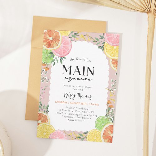 Watercolor Citrus Main Squeeze Bridal Shower Invitation